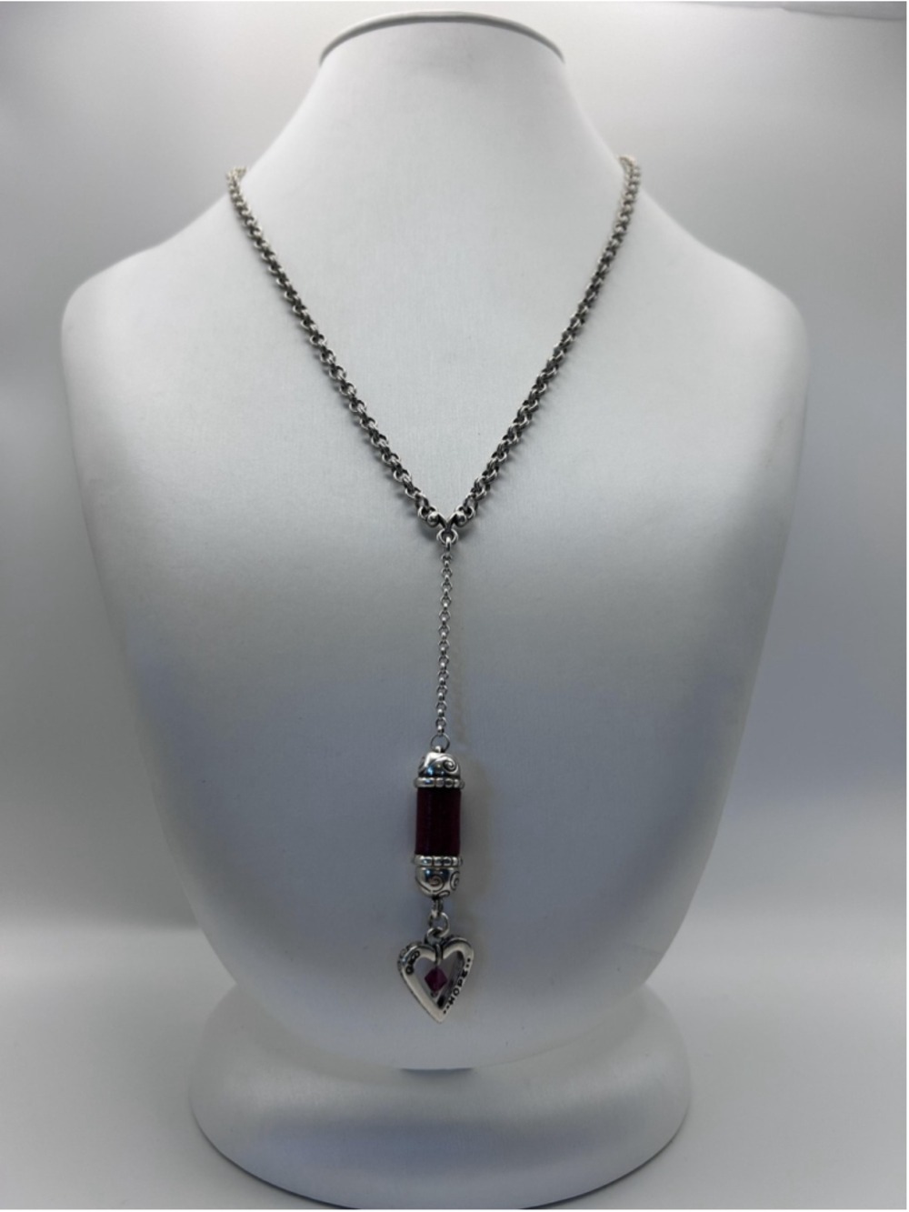 Necklace Silver Tone Hope Heart Pendant Pink Crystal Y-Drop Lobster 21 In